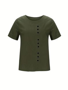 Cheap Solid Color T-shirt With Buttons, Solid Color Short Sleeve T-shirt With Pockets, Green Short Sleeve Breathable T-shirt, Cheap Blue T-shirt With Button Closure, Turquoise Cotton Short Sleeve T-shirt, Summer Tshirts, Casual Shirts, Womens Shirts, Crew Neck