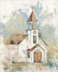 a painting of a white church with a brown roof