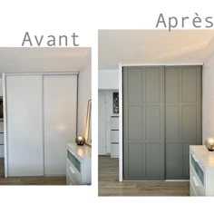 two pictures of the same room with different doors and drawers, one is white and the other is gray