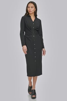 Long sleeve Midi length Button front closure Classic collar Ruching Hem hits below knee Origins: Imported Style: DD3LD534 | DKNY Women's Front Ruching Dress in Black Size 6 Fitted Collared Midi Dress For Business, Office Shirt Dress With Buttons, Midi Length, Office Midi Shirt Dress With Buttons, Midi Length Buttoned Shirt Dress For Office, Knee-length Shirt Dress With Button Closure For Office, Black Buttoned Midi Dress For Semi-formal Occasions, Semi-formal Black Midi Dress With Buttons, Black Semi-formal Midi Dress With Buttons, Collared Midi Dress With Button Closure For Office