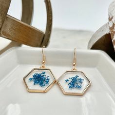 Blue Flower-shaped Resin Earrings, Blue Pressed Flowers Drop Earrings, Blue Pressed Flower Earrings For Gift, Resin Birth Flower Drop Earrings, Resin Drop Earrings With Birth Flower Design, Mustard Seed Jewelry, Thomasville Ga, Blue Queen, Resin Earring