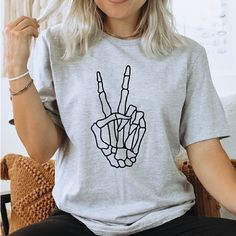 Halloween Skeleton Peace Sign T-Shirt 100% Pre Shrunk Cotton Relaxed Fit Unisex Sized Skeleton Peace Sign, Halloween Skeleton, Halloween Skeletons, Peace Sign, Skeleton, Black Gray, Colorful Shirts, Black And Grey, Womens Tops