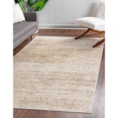 a living room area with a couch, chair and rug on the hardwood flooring