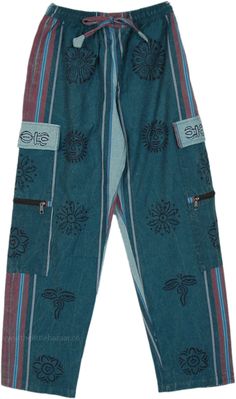 These are unique pants with two separate box pockets on each let, one with a flap closure, and the other with a zipper - and together with 2 side and one back pocket, there are seven pockets - making for a good hippie style! The hand-loomed cotton (called shamma cotton) loose fit pajama-style trousers are apt for reflecting a Bohemian look while staying comfortable. The stonewashed fabric is accentuated with block printing. #tlb #SplitSkirtsPants #Stonewash #Pocket #bohemianfashion #Unisexbohemi Casual Cotton Bottoms With Zipper Pocket, Casual Cotton Cargo Pants With Zipper Pocket, Casual Blue Pants With Functional Pockets, Blue Cotton Cargo Pants With Multiple Pockets, Goblin Clothes, Tired Person, Swag Fits, Hippy Clothes, Mha Dr