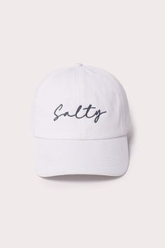 This Salty Script Dad hat is ready to liven up any outfit, any day! Be salty in style with this classic cotton twill hat, featuring an embroidered "Salty" script and a convenient adjustable back. It's perfect for fishing trips, beach days, and all your salty adventures! Casual Adjustable Sun Hat With Embroidered Logo, Adjustable Cotton Fitted Hat With Letter Print, Casual Cotton Fitted Hat With Letter Print, Cotton Dad Hat With Letter Print And Short Brim, Cotton Trucker Hat With Letter Print And Short Brim, Beach Letter Print Cotton Baseball Cap, Casual Cotton Fitted Hat With Flat Brim, Cotton Dad Hat For Beach With Flat Brim, Cotton Dad Hat With Flat Brim For Beach