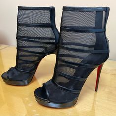 Christian Louboutin Doux Voile Peep-Toe Red Sole Bootie 120 Black 38 - Worn Once Only Indoors To Try On. They Are In Perfect Condition Evening Closed Toe Boots With Red Sole, Black Heels With Red Sole For Spring, Black Spring Heels With Red Sole, Black Open Heel Boots With Reinforced Heel, Black Open Toe Heels With Red Sole, Black Open Heel Heels With Red Sole, Pink Nike Shoes, Louboutin Boots, Trendy High Heels