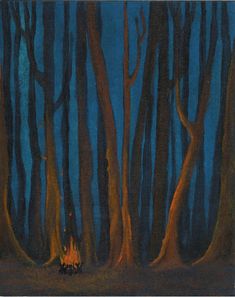 a painting of people sitting in the middle of a forest at night with trees lit up