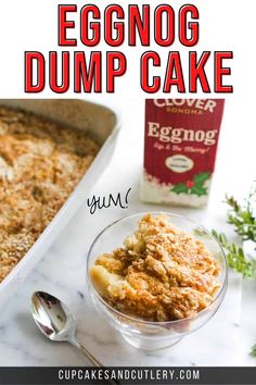 an eggnog dump cake in a glass bowl next to a container of eggsnog