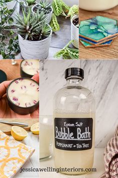 four different pictures with plants and soaps on the top one has lemon slices next to it