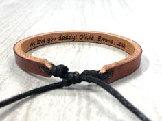 This simple personalized leather bracelet is unisex adjustable ideal for men and women. It is very casual and trendy gift. It is a very sentimental gift for any one specially if you want to express something meaningful whit a hidden message only for the person who's wearing it. It is the prefect personalized leather gift. All my bracelets are made with excellent quality material. All my bracelets are made with excellent quality martial. ENGRAVING SUGGESTIONS Messages/Names/Dates/Coordinates/Bibl Boys Gifts Ideas, Cool Gifts For Couples, Valentine Gifts For Boys, Engraved Christmas Gifts, Engraved Leather Bracelets, Mens Bracelet Personalized, Personalized Leather Gifts, Personalized Leather Bracelet, Valentine Gifts For Husband