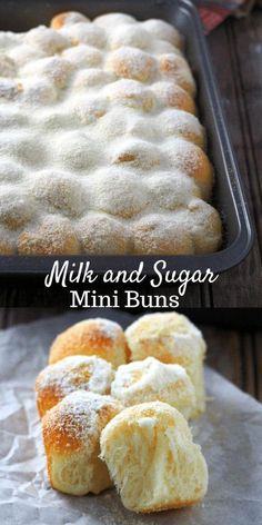 two pictures side by side with different types of desserts in them and the words milk and sugar mini buns