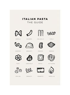 the italian pasta menu is shown in black and white, with different types of pasta on it