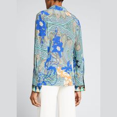 Kobi Halperin "Corey" multi-pattern blouse. Notched collar. Long sleeves. Relaxed silhouette. Silk; dry clean. Imported. Designer Silk V-neck Blouse, Designer Multicolor Floral Print Blouse, Patterned V-neck Workwear Blouse, Patterned V-neck Blouse For Work, Designer Long Sleeve Printed Blouse, Blue Long Sleeve Silk Top, Designer Silk Tops For Daywear, Multicolor Collared Blouse For Work, Multicolor Collared Blouse For Workwear