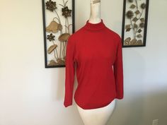 "Vintage red turtleneck by Max Hurni, Made in Switzerland. 100% Nylon. Vest being sold separately. Measurements: 40\" bust; 37\" mid body; 36\" hemline; 25\" tall; 17\" shoulder to shoulder; 22 1/2\" long sleeves. Thanks for stopping by my Etsy store!" Red Turtleneck Workwear Top, Red Turtleneck Tops For Work, Red Fitted Turtleneck Top, Brady Bunch, Red Gloves, Red Turtleneck, Bride Dolls, Vintage Bell, Vintage Blouse