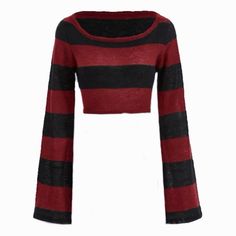 Red & Black Striped Cropped Sweater By Romwe #Hottopic #Horror #Emo #Goth #Redandblack Freddy Krueger Sweater, Romwe Sweater, Flare Sleeve Sweater, Crop Pullover, Cropped Knit Sweater, Cropped Pullover, Pullover Outfit, Women Sweaters, Drop Shoulder Sweaters