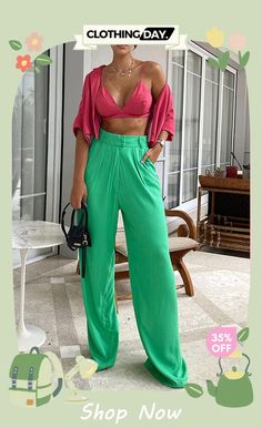 Pockets Wide Leg Pants Casual Green High-waisted Pants, Casual High-waisted Green Pants, Versatile High Waist Bottoms For Day Out, Versatile High-waist Bottoms For Day Out, Versatile Green Wide Leg Cargo Pants, Versatile Wide Leg Green Cargo Pants, Casual Green High Waist Wide Leg Pants, Chic Summer Pants For Going Out, Summer Solid Straight Dress Pants