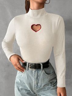 Women's Hollow Out Heart Shaped Turtleneck T-shirt Apricot Casual  Long Sleeve Fabric Plain  Medium Stretch  Women Clothing, size features are:Bust: ,Length: ,Sleeve Length: Spring Tops With Heart Graphic And Stretch Fit, Stretch Tops With Heart Graphic For Spring, Spring Tops With Heart Graphic And Stretch, Trendy Long Sleeve Top With Heart Print, Fitted Heart Print Tops For Fall, Fitted Heart Print Top For Valentine's Day, Cute Heart Graphic Tops For Fall, Trendy Crew Neck Top For Valentine's Day, Fitted Long Sleeve Tops For Valentine's Day