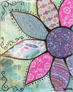 an abstract painting with flowers and paisley designs