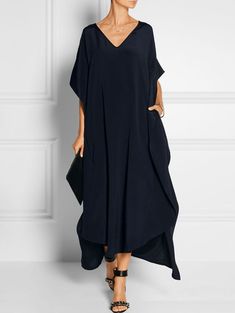 Style: Daily, Elegant temperament Material: Cotton Blends Fit Type: Regular Fit Neckline: V Neck Length: Maxi Dress Pattern Type: Solid Maxi Dress Short, Grunge Dress 90s, V Neck Maxi Dress, Long Sleeve Outfits, Summer Elegant, Maxi Dress Pattern, Shift Dresses, Short Summer Dresses, Half Sleeve Dresses