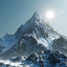 a snow covered mountain with the sun shining on it