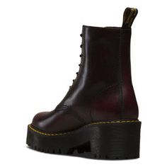 SHRIVER HI BURGUNDY VINTAGE PLATFORM. High Ankle Platform Combat Boots For Work, Platform High Ankle Combat Boots For Workwear, Fall Heeled Boots With Vibram Sole, Visible Stitching, Shoe Polish, Thick Socks, Extra Room, Platform Boots, Chunky Heel