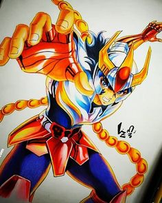 a drawing of an anime character with chains around his neck and hands in the air