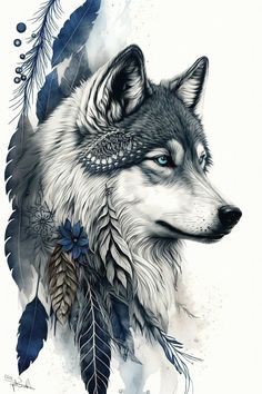 a drawing of a wolf with feathers on it's head and blue eyeliners