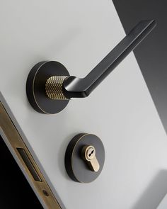 an image of a door handle and knobs on a white wall with gold accents