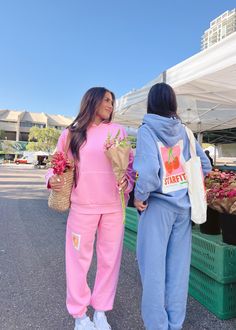 Citrus Squeeze! Pink sweatpants with citrus print on right thigh Featuring pockets, adjustable waistband and cinched ankles 60% cotton, 40% polyester, mid weight brushed french terry Wash cold with like colors / Tumble dry low Model is 5'5 wearing size small Mayfair Group Sweatshirt, Colorful Oversized Outfit, Sweats Set Outfit, Girly Comfy Outfits, Sweat Sets Women, Sorority Sweat Sets, Colorful Sweatpants Outfit, Cute Sweat Sets, Sweat Set Outfits Women