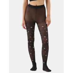 Shine bright with our Women's Sheer Star Tights from No Boundaries. Featuring a whimsical star pattern, these tights bring a touch of sparkle to any outfit. The sheer design provides a chic look while the soft stretch fabric ensures a comfortable fit all day long. Perfect for adding a celestial twist to your party attire or elevating your everyday style, these star tights are a stellar addition to any fashion-forward wardrobe. Only at Walmart. Size: XXL.  Color: Black.  Gender: female.  Age Grou Black Star Print Bottoms For Night Out, Trendy Stretch Star Print Bottoms, Trendy Stretch Bottoms With Star Print, Star Tights, Sparkle Tights, Party Attire, Patterned Tights, Sheer Fashion, Sheer Tights