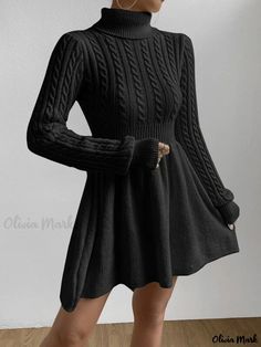 Olivia Mark - Casual Twist Knit Sweater Dress Knitted Sweater Dress, Cable Knit Turtleneck, Umbrella Skirt, Mini Sweater, Cable Knit Turtleneck Sweater, Dresses Casual Fall, Turtleneck Sweater Dress, Sweater Dresses, Elegant Dresses For Women