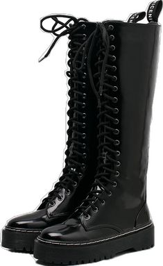 Gothic Faux Leather Lace-up Combat Boots, Black Lace-up Combat Boots With Rivets, Gothic Lace-up Knee-high Boots For Fall, Punk Style Leather Lace-up Boots, Grunge Leather Lace-up Boots For Concerts, Punk Style Faux Leather Knee-high Boots With Round Toe, Fitted Punk Platform Boots With Round Toe, Gothic Black Martin Boots With Round Toe, Black Gothic Martin Boots With Round Toe