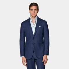 This mid-blue suit features a tailored fit jacket with an unpadded shoulder for a more natural silhouette, and slim, straight leg trousers with a flat front and side adjusters. Blue Suits With Flat Front For Work, Blue Business Casual Suits With Suit Collar, Blue Business Casual Suit With Notch Lapel, Blue Suits With Pressed Crease For Work, Classic Blue Pantsuit With Notch Lapel, Blue Single-breasted Formal Pantsuit, Formal Blue Single-breasted Pantsuit, Blue Workwear Suits With Pressed Crease, Blue Business Casual Suit