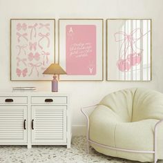 a living room filled with furniture and pictures on the wall above it's sideboard