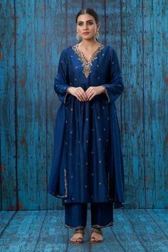 Shop for Niti Bothra Blue Silk Embroidered Kurta And Palazzo Set for Women Online at Aza Fashions Blue Suits Women Indian, Niti Bothra, Plazo Dress, Kurta And Palazzo, Festival Photography, Traditional Attires, Kite Festival, Blue Kurta, Embroidered Hem