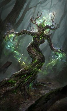 an artistic painting of a tree in the woods