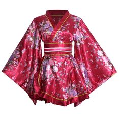 PRICES MAY VARY. !!!Please Use The Size Chart Image on the Left. Do not use Amazon's "Size Chart" link.!!!! -Features: Short Style kimono robe in bright color with Peony pattern, elegant and pretty. simple to wear.Top is separated from the skirt.Wide belt and large bow.Blue string adorns the waist.Collars and hemlines are decorated with white lace.If the v-neck is deep, a black cloth covers the front chest.No embarrassment. -Material： Made of 100% Polyester. light weight and airy and satin soft Skirt Belt Outfit, Japanese Traditional Geisha, Kimono Outfit Japanese, Short Kimono Dress, Traditional Geisha, Witch Fancy Dress, Formal Kimono, Japanese Fashion Women, Japan Dress