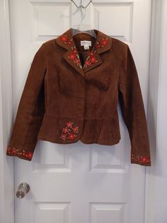 "Vintage Chadwicks Womens Jacket Suede Leather Floral Embroidered Boho. 1990's This is beautifully Embroidered and beaded! **the only condition thing to note is some of the threads from the trim Embroidery shows pulling** see pictures  Size 10 Shoulder to Shoulder 17\" armpit to armpit 20\" waist 18\" armpit to waist 12\" sleeve 25\"" Trim Embroidery, Leather Floral, Picture Sizes, Suede Leather, Jackets For Women, Jackets & Coats, Size 10, Trim, Embroidery