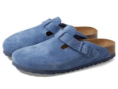 Birkenstock Boston Soft Footbed - Suede - Women's Clog/Mule Shoes : Elemental Blue : Complete your look with the Birkenstock Boston Soft Footbed - Suede clog. Suede upper with an adjustable strap. Anatomically correct cork/latex footbed, crafted from cork that is 100% renewable and sustainable, encourages foot health. The suede lined, contoured footbed will mold to the shape of your foot creating a custom footbed that supports and cradles you each and every step. Raised toe bar is designed to encourage the natural gripping motion of your feet, exercising your legs and aiding circulation. Neutral heel profile and deep heel cup keeps the natural padding of your foot where it belongs, under the heel, distributing your body weight more evenly. Flexible EVA outsole offers lightweight, shock abs Birkenstock Boston Soft Footbed, Elemental Blue, Boston Soft Footbed, Birkenstock Women, Suede Fashion, Birkenstock Boston, Zermatt, Birkenstock Boston Clog, Shoe Insoles