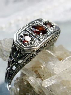 Natural Red Garnet Ring, Sterling Silver Filigree, 3 stone, Lily design, Vintage Jewelry, Silver Embrace Jewelry Lily Design, Sterling Silver Garnet Ring, Red Garnet Ring, Edwardian Jewelry, Garnet Ring, North South, Sterling Silver Filigree, Casual Accessories, Filigree Ring