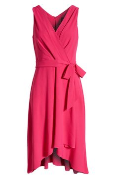 A subtle high-low hem lends floaty flair to this sleeveless, faux-wrap dress with a tie belt that hugs your curves perfectly. 46 1/2" length (size 8) Back zip closure Surplice V-neck Sleeveless Tie belt Partially lined 100% polyester Machine wash, line dry Imported Spring Belted Dress With Asymmetrical Hem, Summer Asymmetrical Hem Belted Dress, Chic Belted Midi Dress With Asymmetrical Hem, Chic Midi Dress With Belted Asymmetrical Hem, Spring Midi Dress With Asymmetrical Hem And Belt, Summer Midi Dress With Belted Asymmetrical Hem, Belted Midi Dress With Asymmetrical Hem For Summer, Chic Belted A-line Wrap Dress, Sleeveless Fitted Belted Wrap Dress