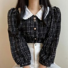 Graduation Party Dresses, Korean Casual Outfits, Plaid Shirts, Back To College, Womens Tops Summer, Pan Collar, Peter Pan Collar, Western Outfits