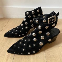 Black Suede Studded Ankle Boots With Wrap Around Strap And Low Heel. Never Worn. Black Velvet Boots, Platforms Shoes, Fall Winter Shoes, Studded Ankle Boots, Studded Shoes, Snakeskin Boots, Low Heel Boots, Fashionable Shoes, Velvet Boots