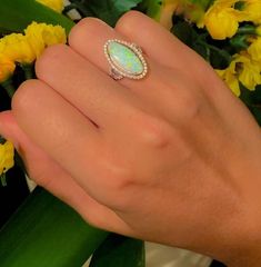 White Fire Opal Ring-Opal-Opal Ring-Oval Ring-Promise Ring-Engagement Ring-Statement Ring-Large Opal Oval Opal Promise Ring, Ethiopian Opal Oval Ring For Wedding, Ethiopian Opal Oval Rings For Anniversary, Oval Opal Ring With Halo Setting, Oval Opal Promise Ring With Halo, Ethiopian Opal Oval Rings As Gifts, Oval Opal Gemstone Rings, Oval Ethiopian Opal Ring For Anniversary, Oval Opal Cabochon Ring