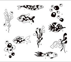 an image of different types of fish in black and white ink on the page, with numbers