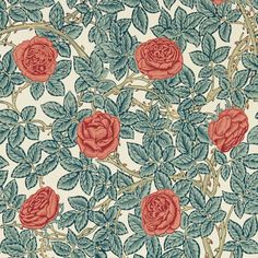 red roses and green leaves are on a white wallpaper with blue trimmings