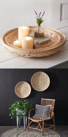 two pictures with candles and a basket on the floor