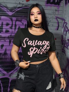 Negro Casual Collar manga corta Tela tejida Letras  Embellished Elástico Ligero Punk Woman, Punk Shirt, Grunge Punk, E Girl, Emo Goth, Slim Fit Top, Couple Matching, Black Party, Plus Size T Shirts