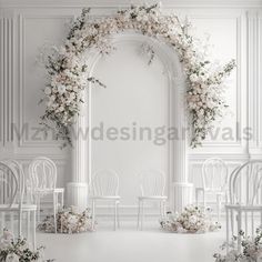 a white room with chairs and flowers on the wall, an arch in the center