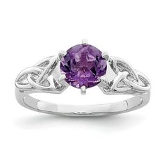 Features: Material Primary - Purity: 925 Finish: Polished Stone Type_1: Amethyst Stone Color_1: Purple Stone Quantity_1: 1 Plating: Rhodium Band Width: 1.6 to 4.8 mm (tapered) Stone Setting_1: Prong Set Feature: Solid Head Height: 5.6 mm Material: Primary: Sterling Silver Completeness: Complete (all stones included) Sizeable: No Stone Shape_1: Round Stone Treatment_1: Heating Width of Item: 1.6 to 4.8 mm (tapered) Jewelry Type: Rings Sold By Unit: Each Gender: Women's Texture: Textured Material: Silver Earrings Aesthetic, Trinity Knot Ring, Ring Aesthetic, Trinity Ring, Aesthetic Purple, Irish Jewelry, The Embrace, Band Jewelry